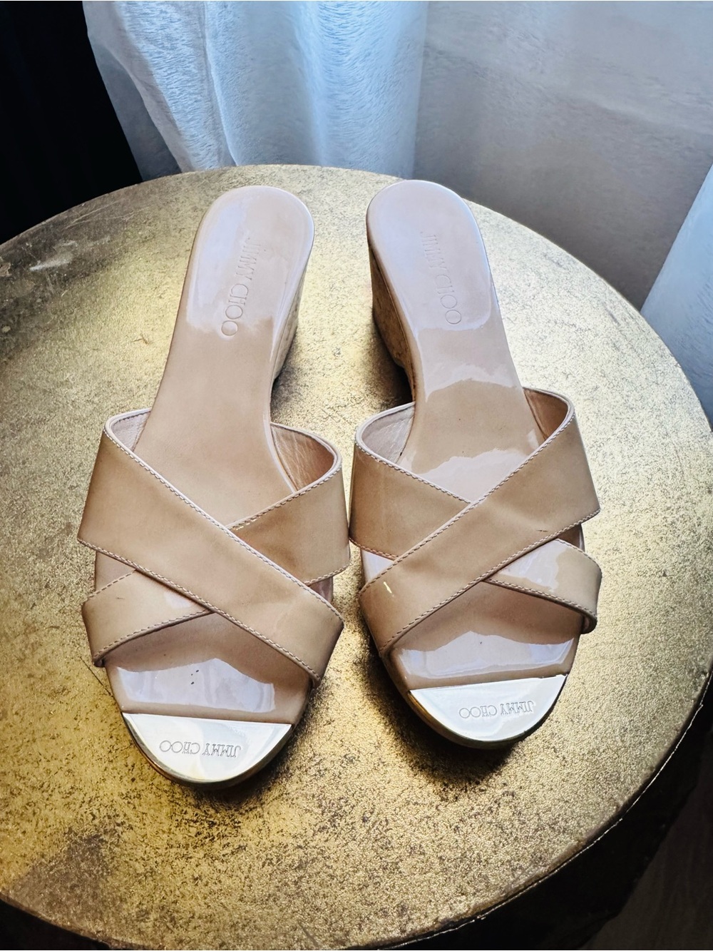 Jimmy Choo Nude Patent Leather Crisscross Slide Mules